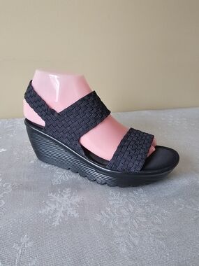 Skechers Navy Woven Elastic Wedge Platform Sandals Memory Foam Sz 8